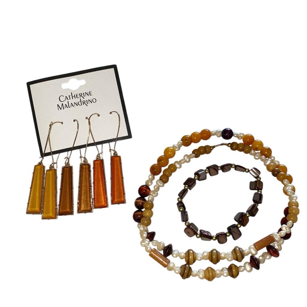Catherine Malandrino Dangle Earrings Avon Amber Bead Necklace Bracelet Bundle